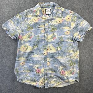 Denim & Flower Shirt Mens Large Blue Hawaiian Floral Tropical Short Sleeve